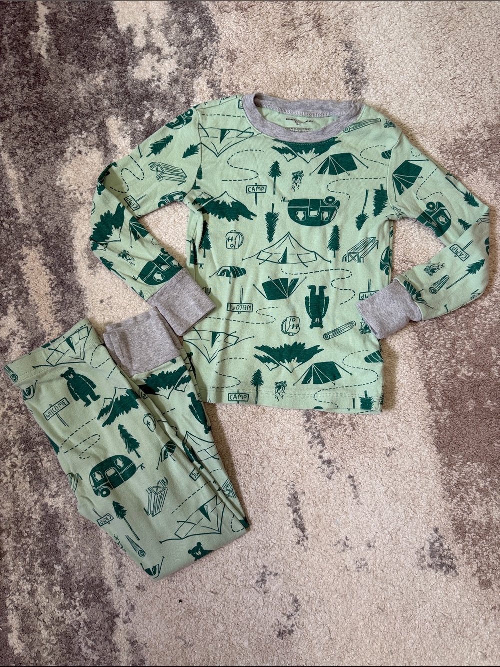 Amazon Essentials Light Green Camping-Print Pajama Set with Gray Trim